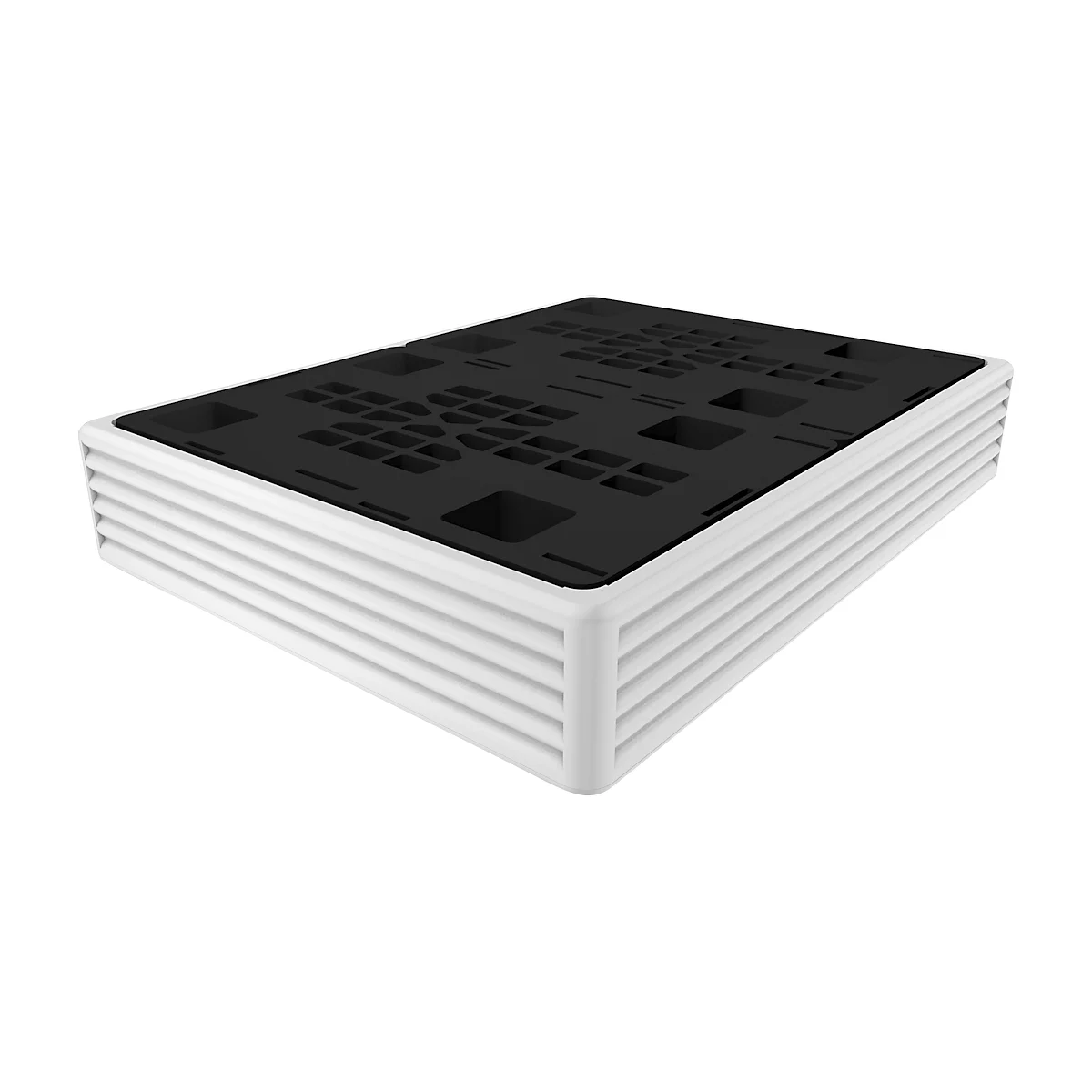 Detailed shot of a white, ribbed plastic box with a black lid.