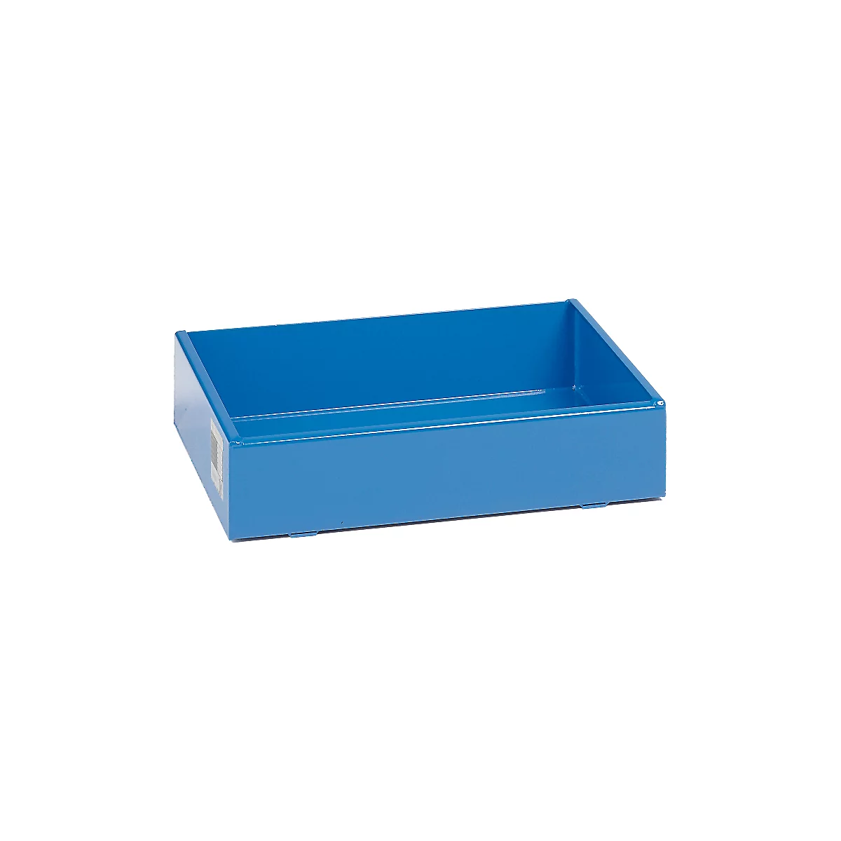 Blue rectangular metal tray with rounded corners. The inside surfaces are smooth and empty. There is a label on one side.