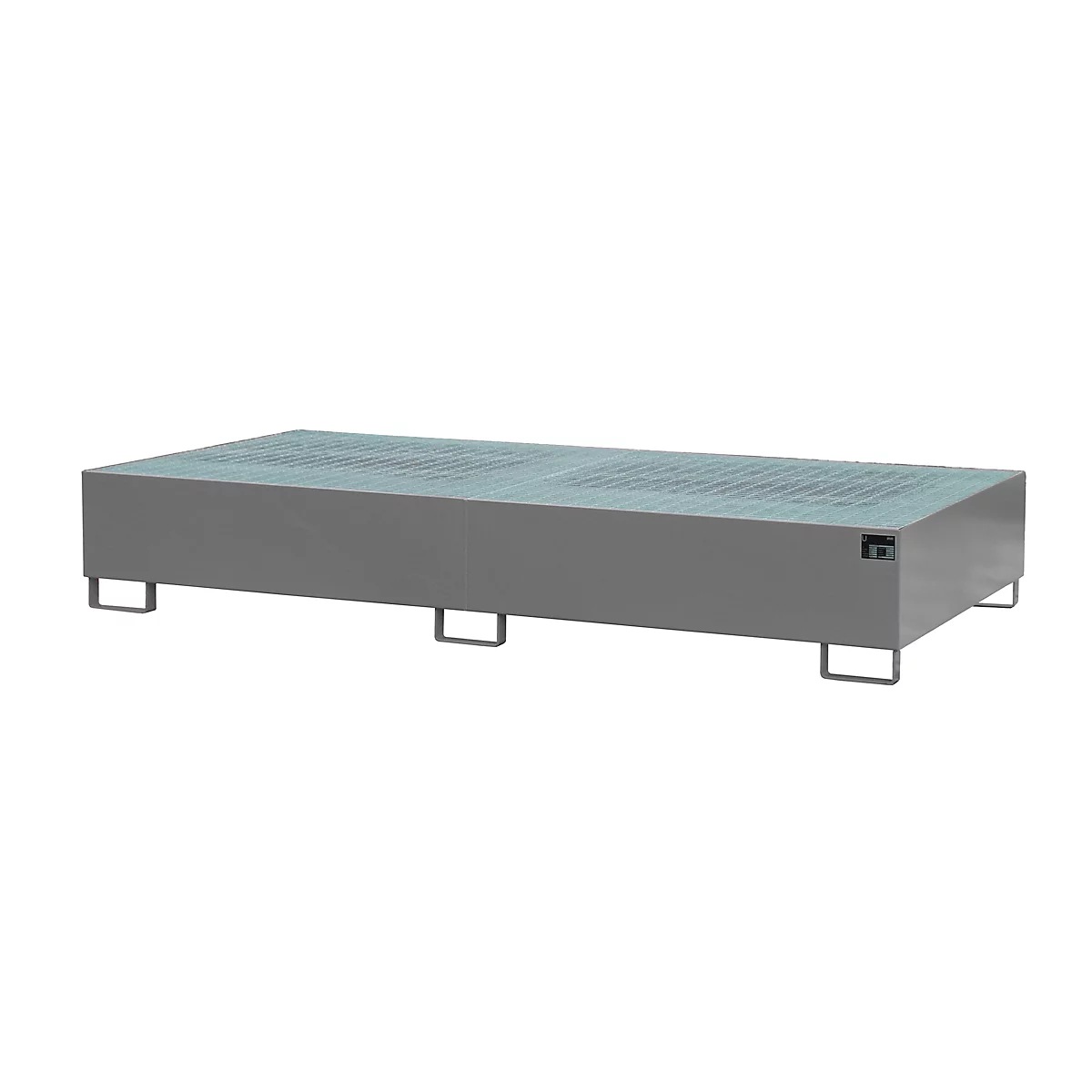 Gray rectangular steel structure with perforated pattern, on four legs, against a white background.