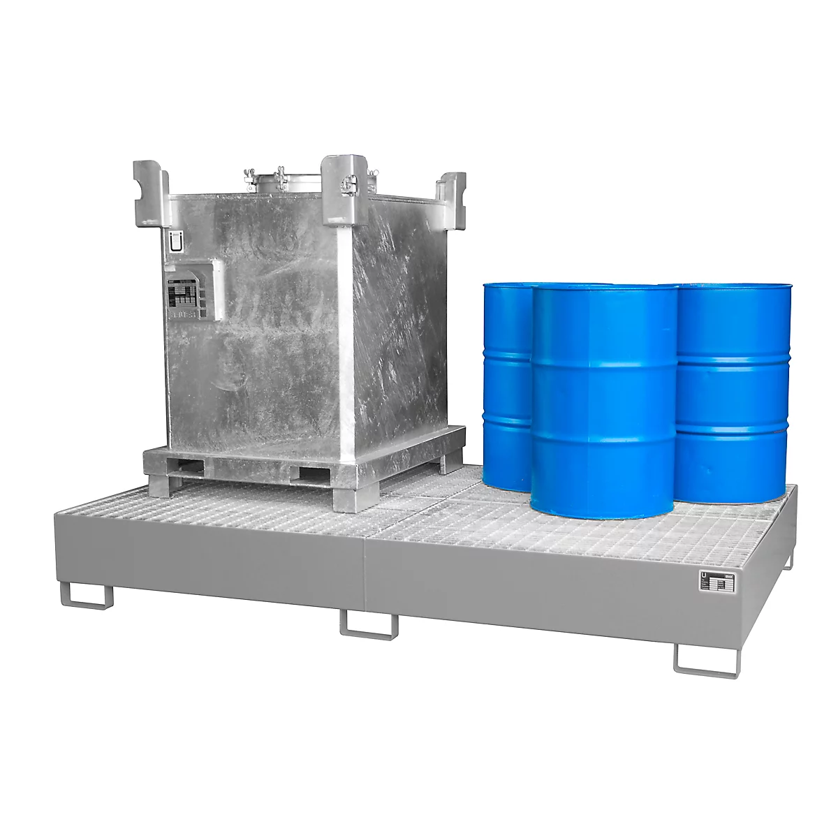 Metal rack with a large container and blue barrels against a white background.