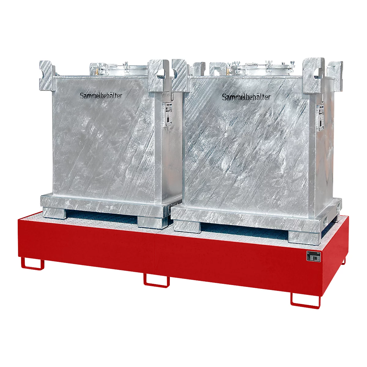 Two silver collection containers on a red platform. The containers read "Sammelbehälter".