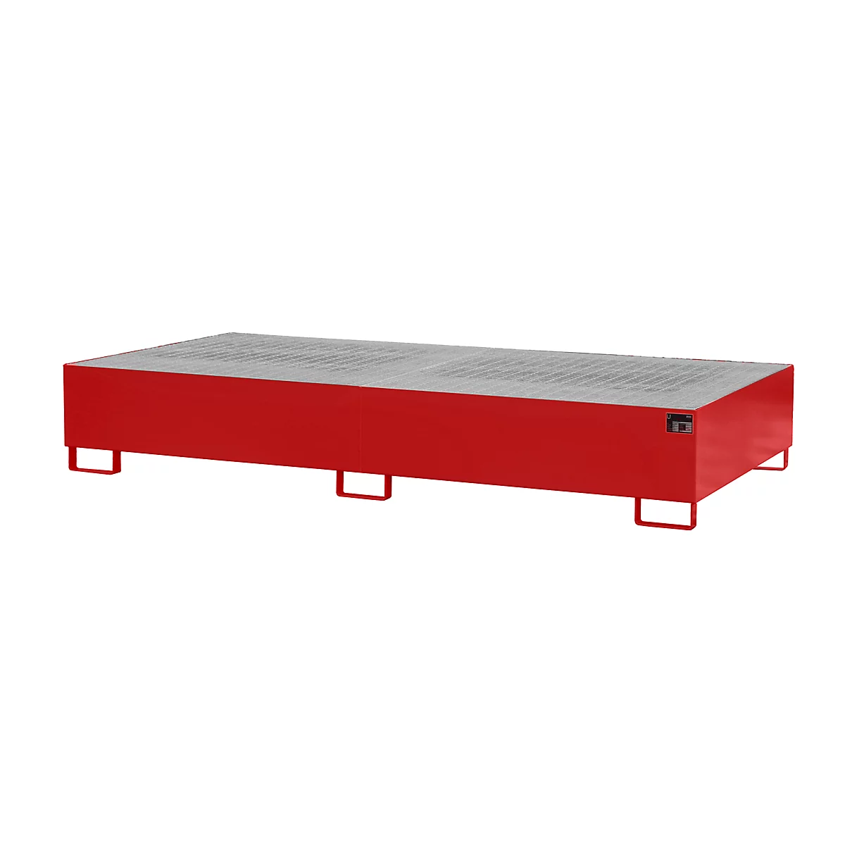 Red rectangular oil pan with metal grid, metal brackets on the feet.