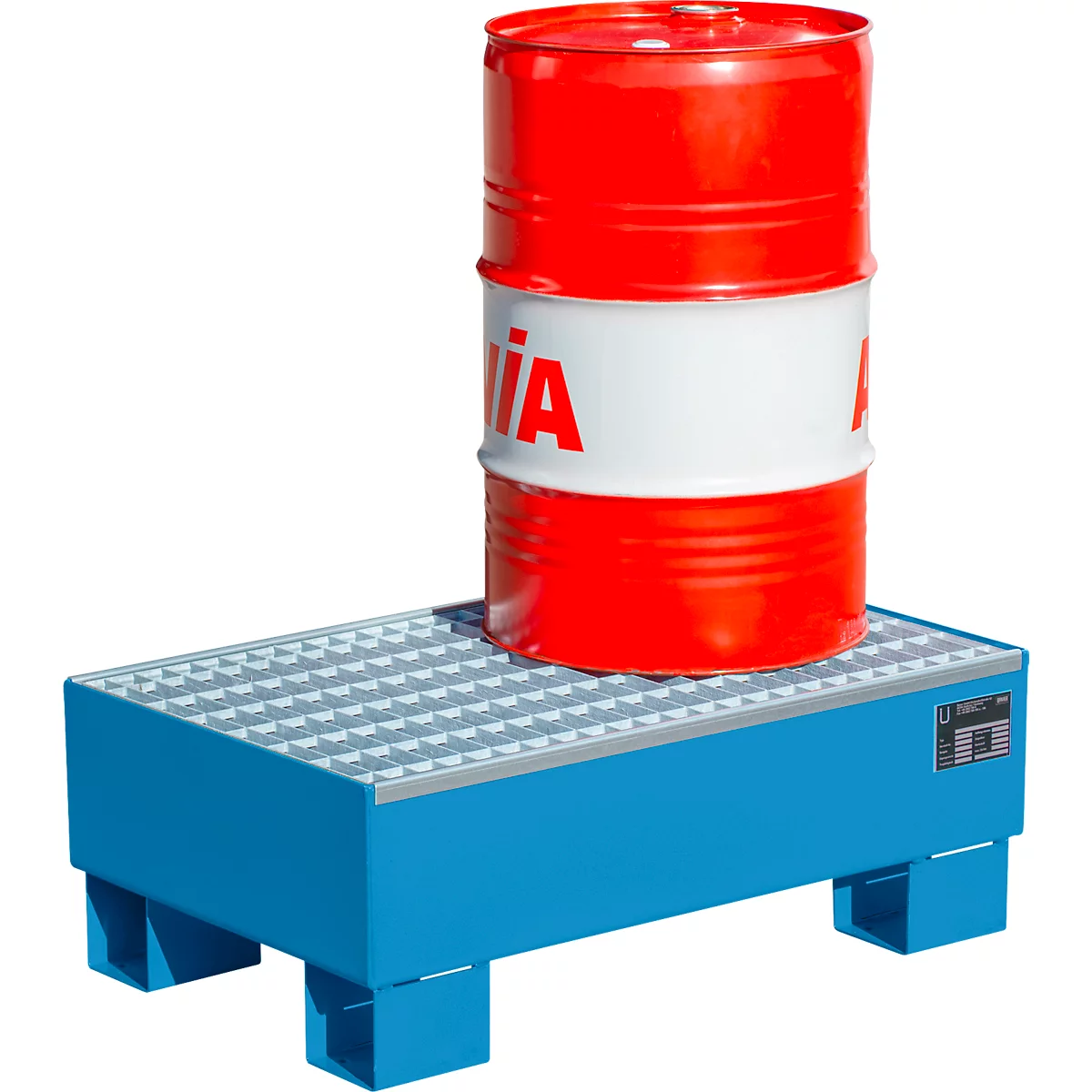 A red oil drum stands on a blue spill containment pallet. The pallet has a gray grid and stands on four feet.
