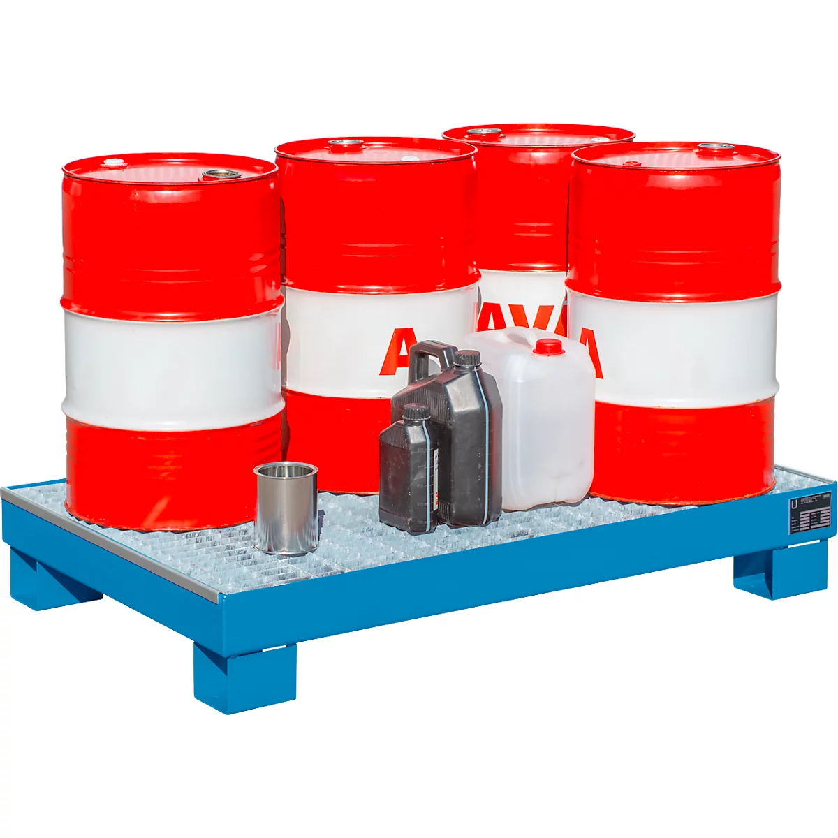 Blue oil collection tray with barrels, canisters and cup. Barrels with red lids and white bands. Black and white containers.