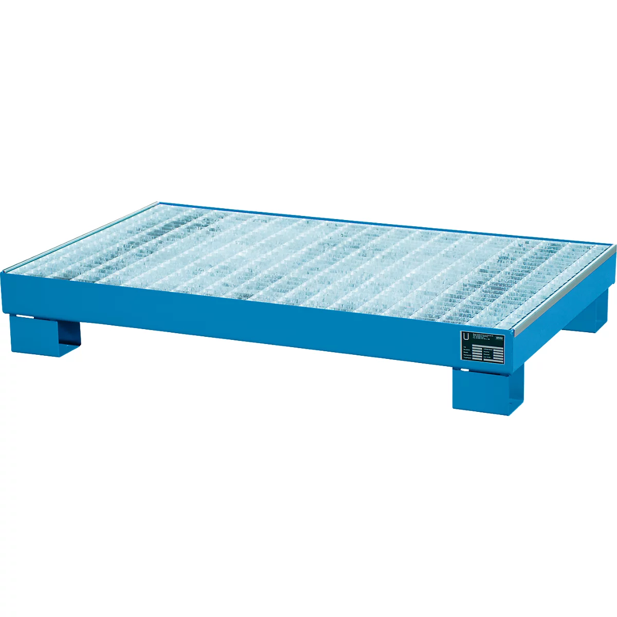 Blue pallet frame with grid grating and four feet. Inscription on the frame.