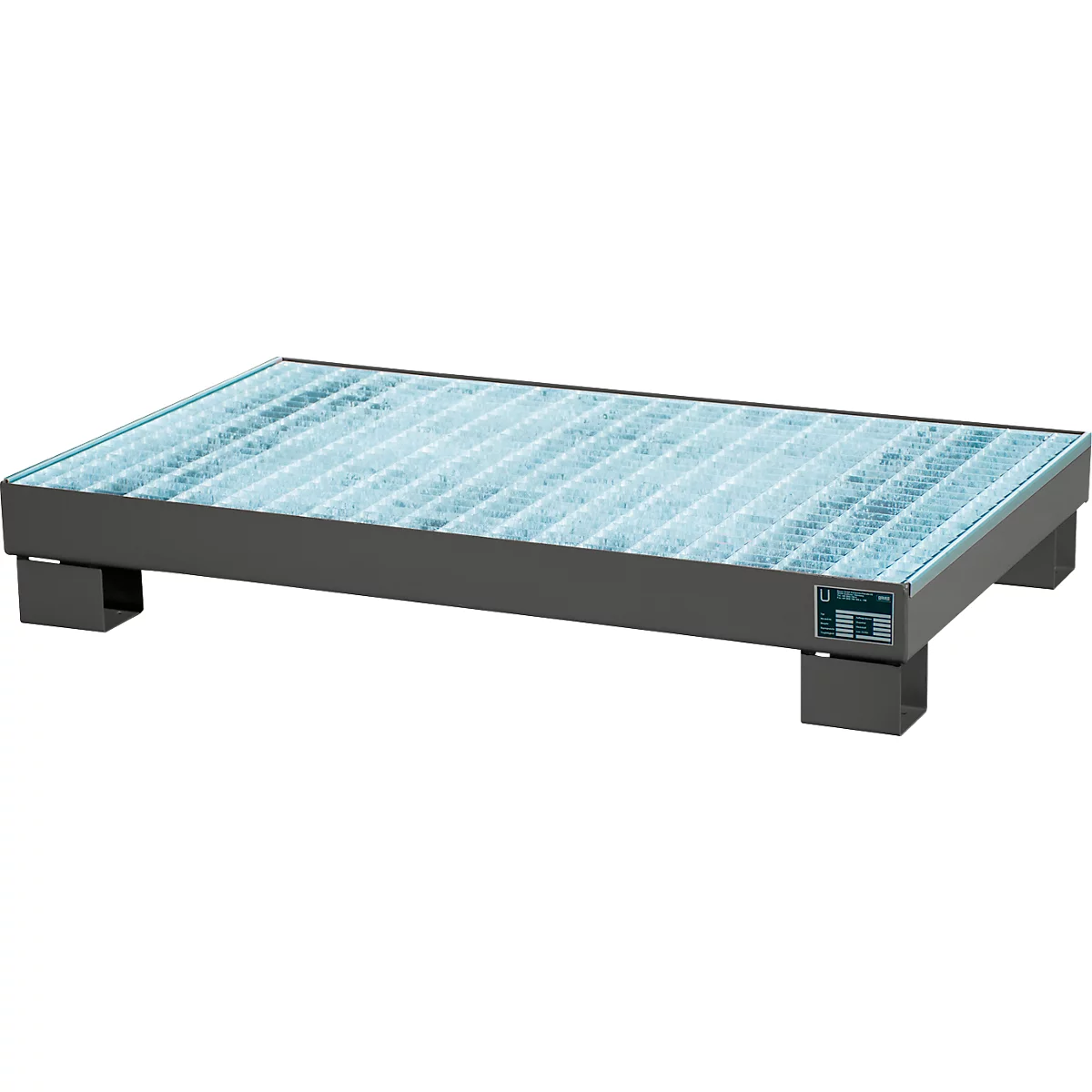 A grey platform with a metallic surface and a grid pattern. It stands on four legs that give it stability.