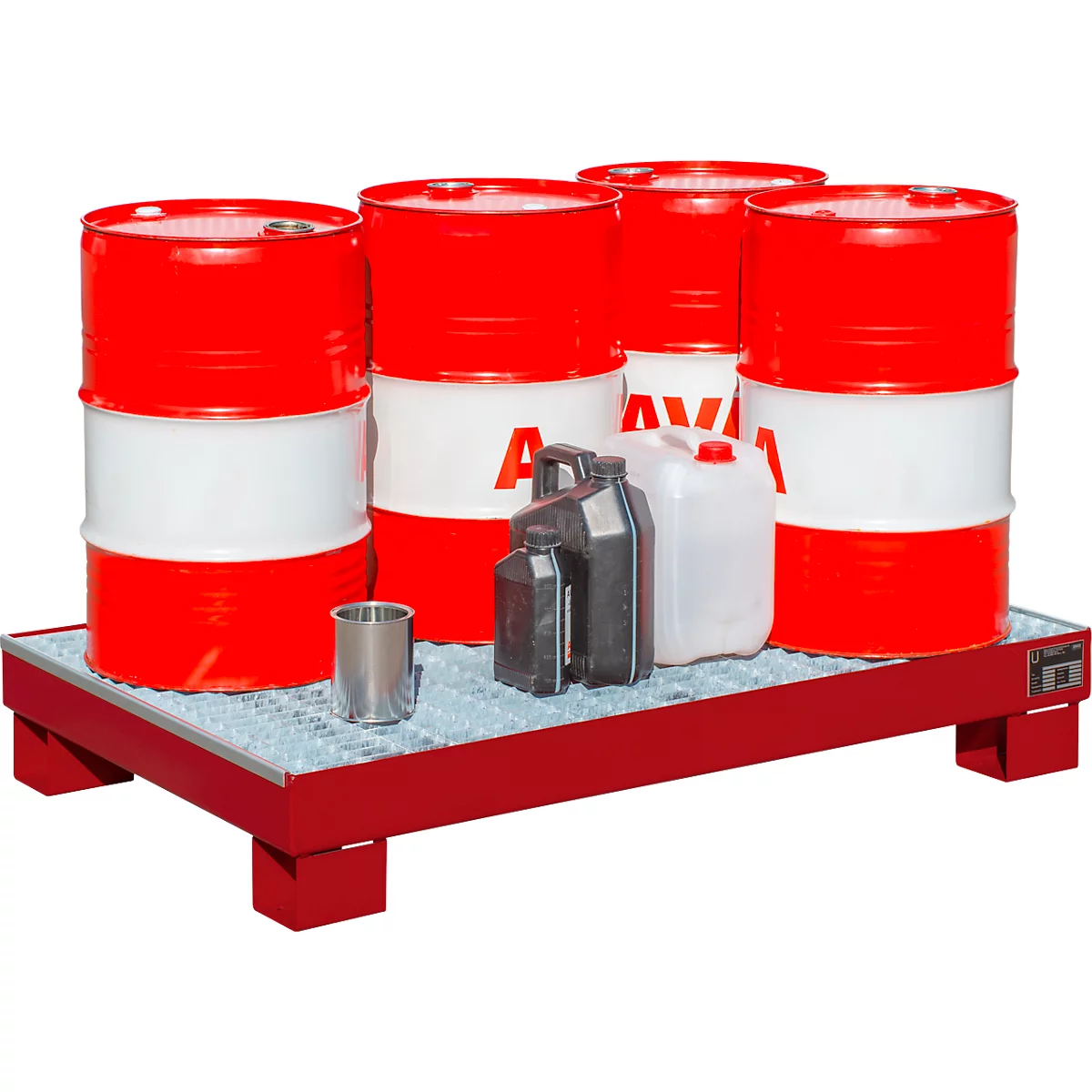 Red steel drums and canisters on a red spill containment pallet.