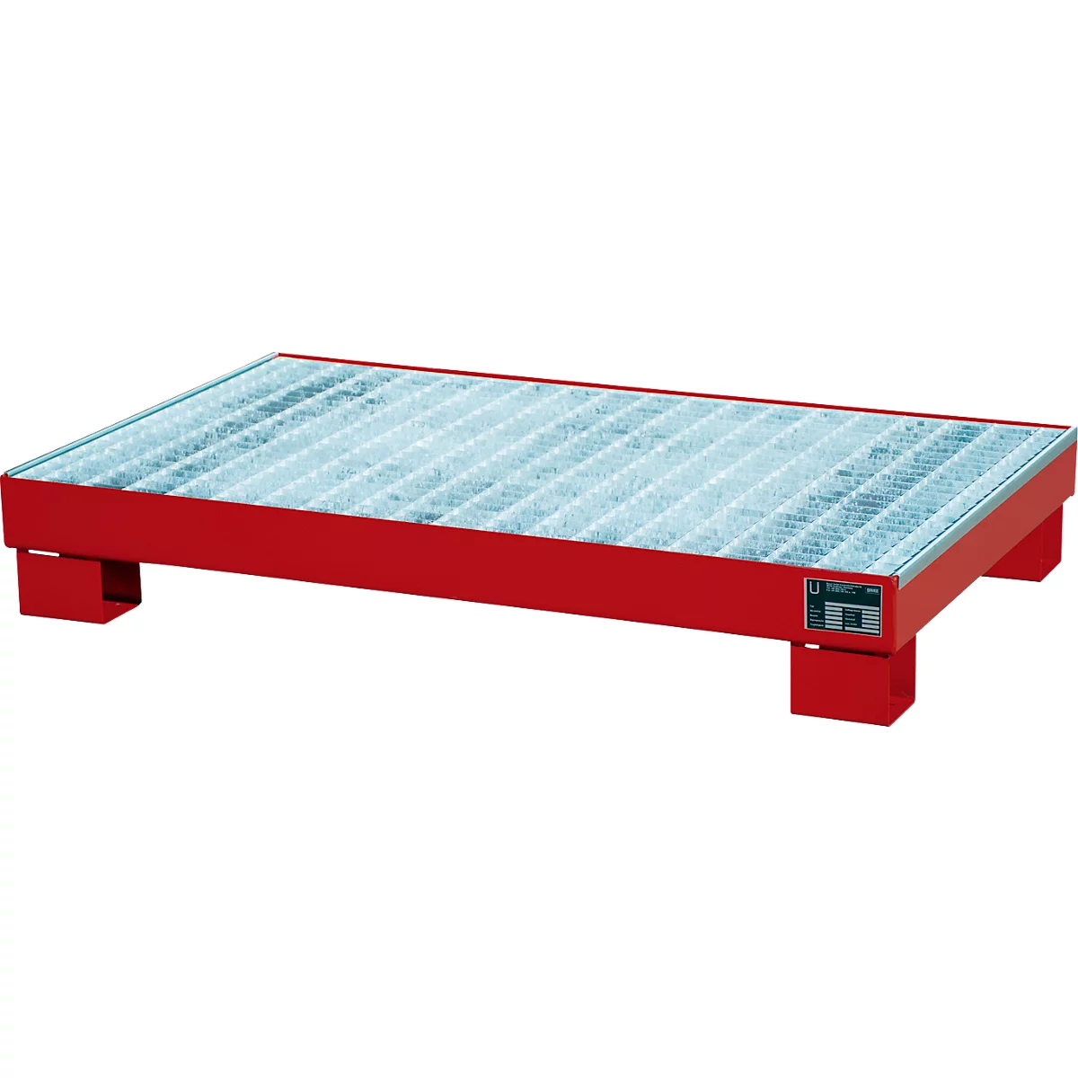 Red drip tray with grate. Rectangular construction on four feet, detailed view.