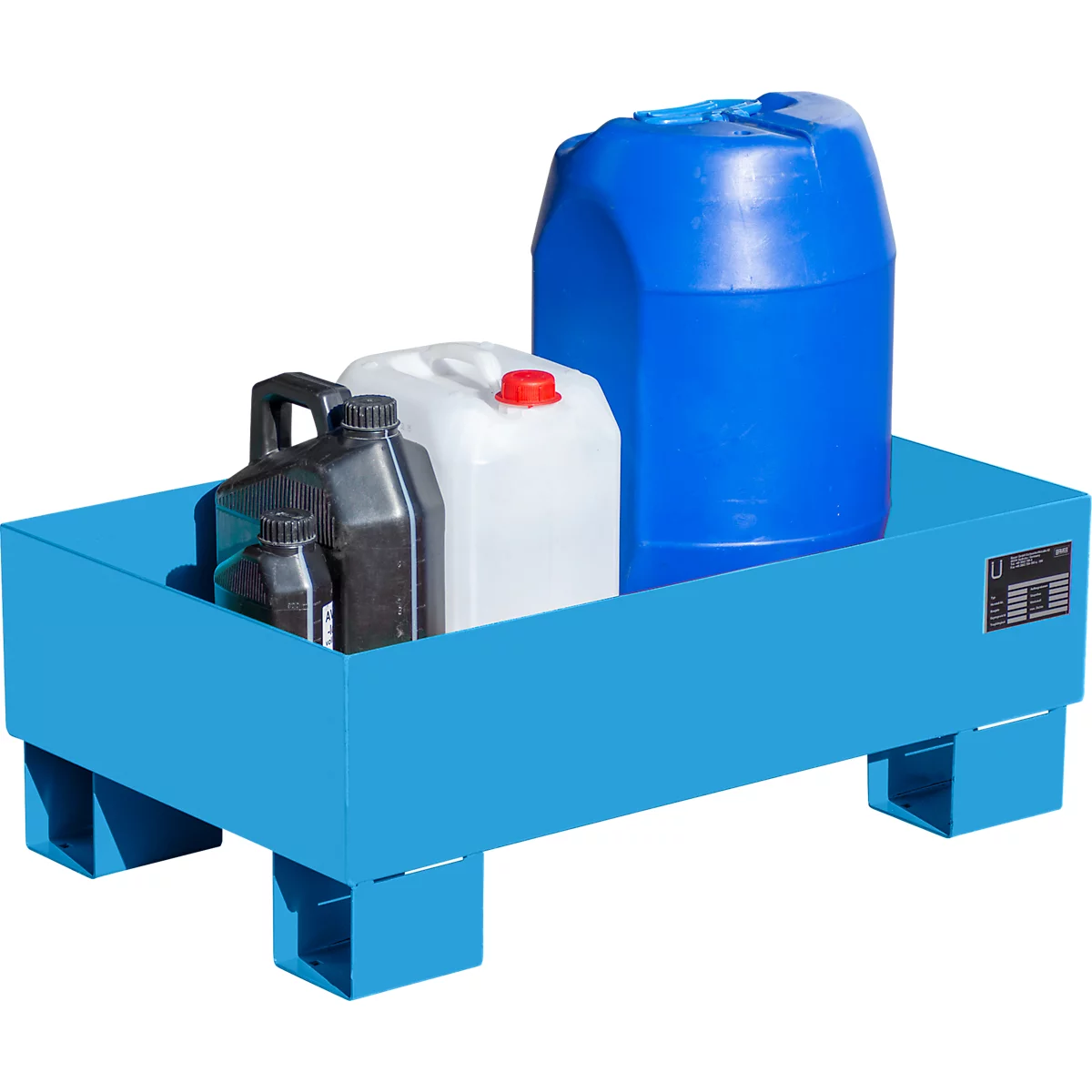 Blue spill pallet with various containers, such as canisters and barrels.