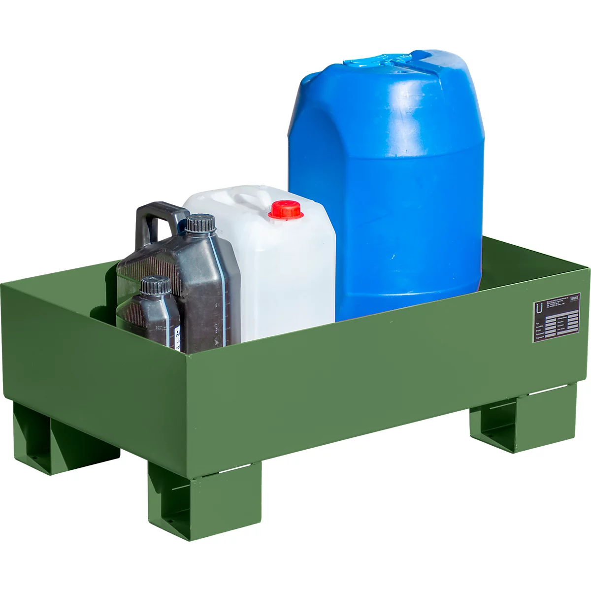Green drip pan with various canisters. A blue, a white and several black canisters are in it.