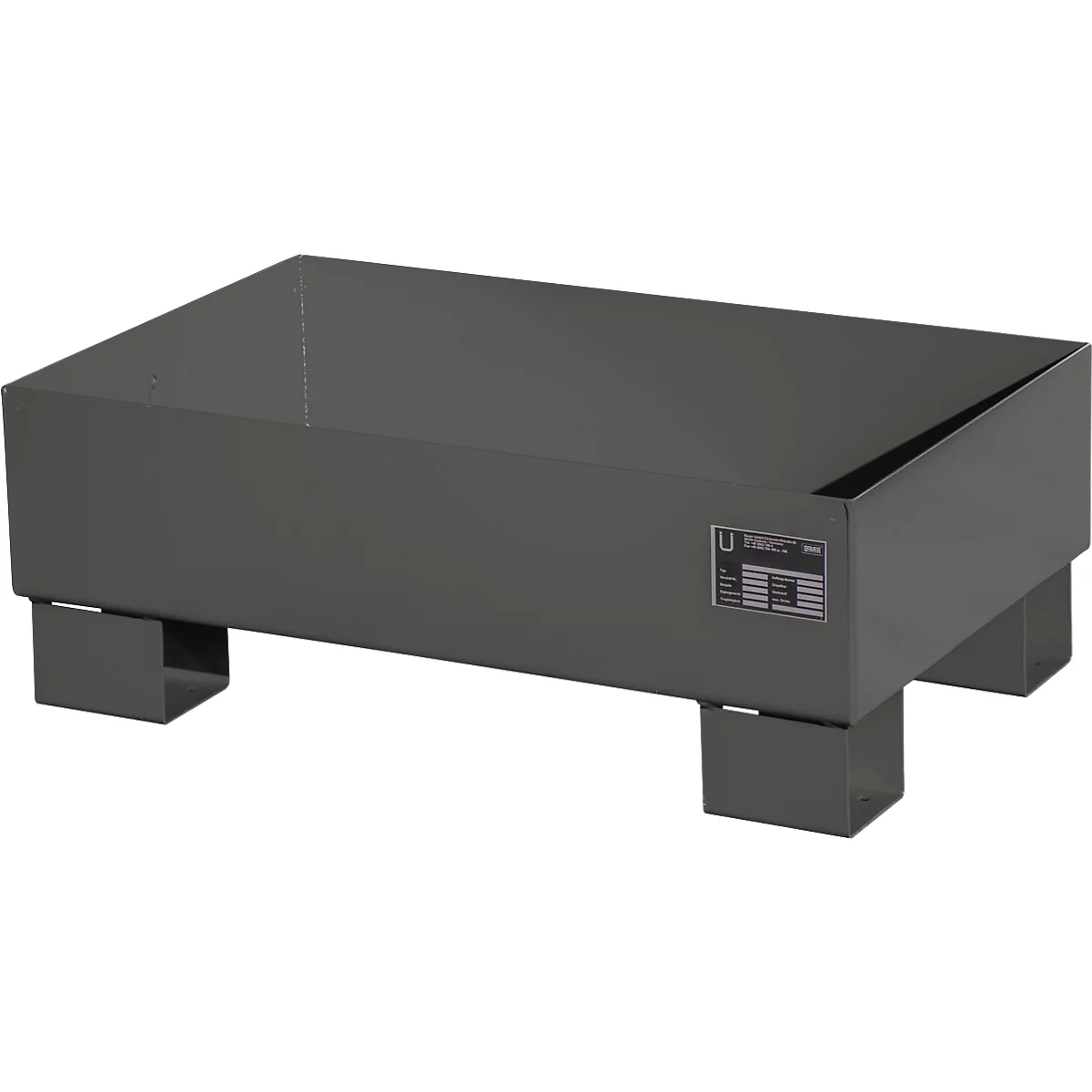 Gray metal trough with sloping side, standing on four feet.