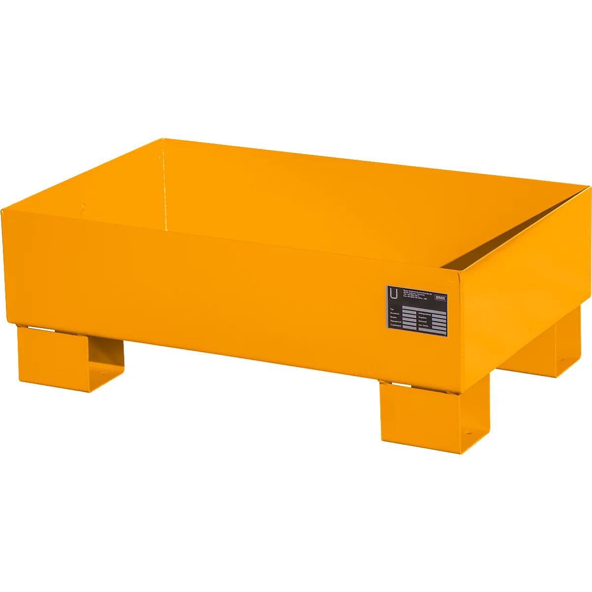 Yellow rectangular tub with four feet. There is a label on the side with technical information.