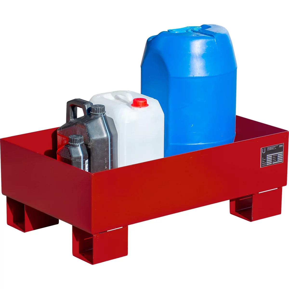 Red spill containment tray filled with various canisters and barrels.