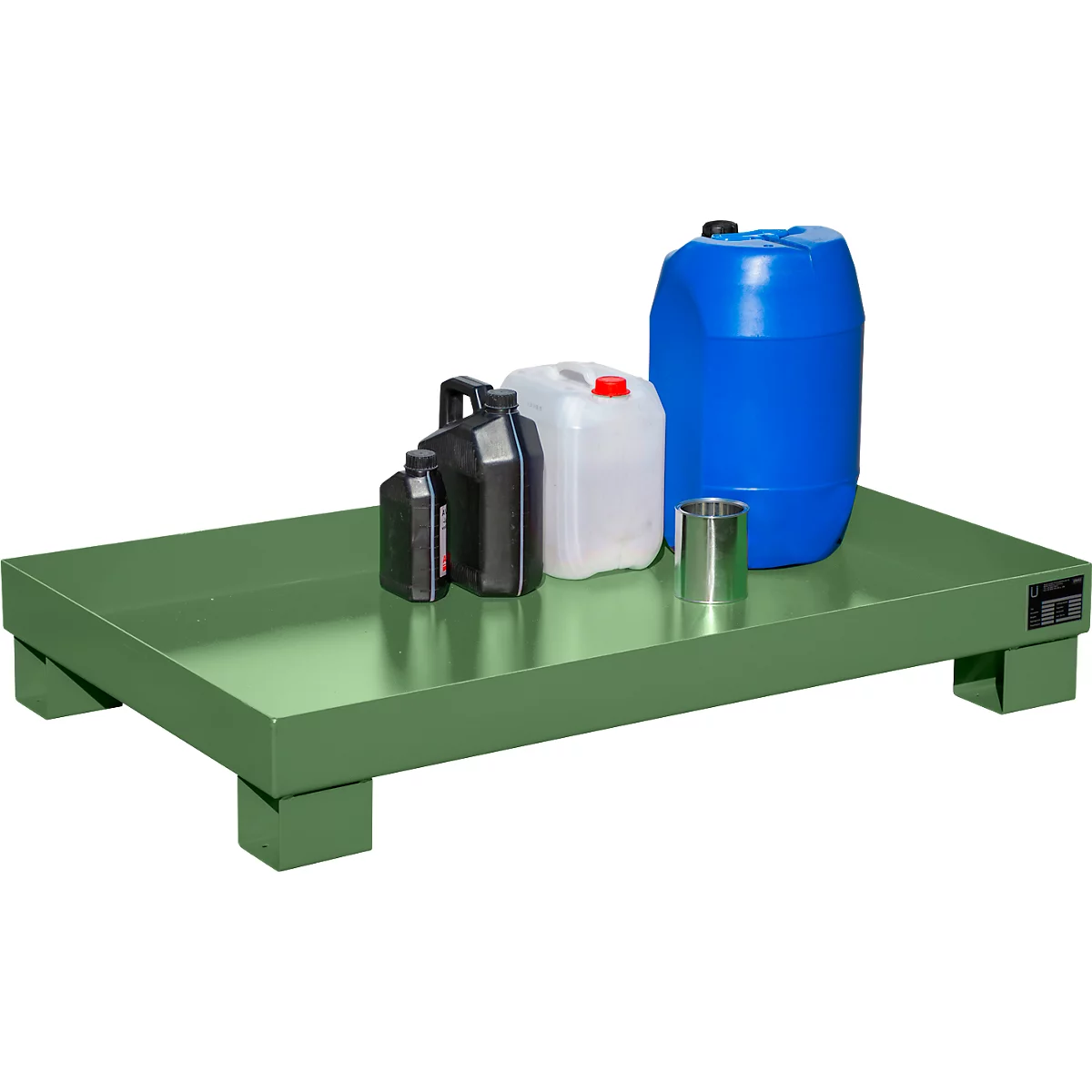 Green spill containment with canisters and drums.