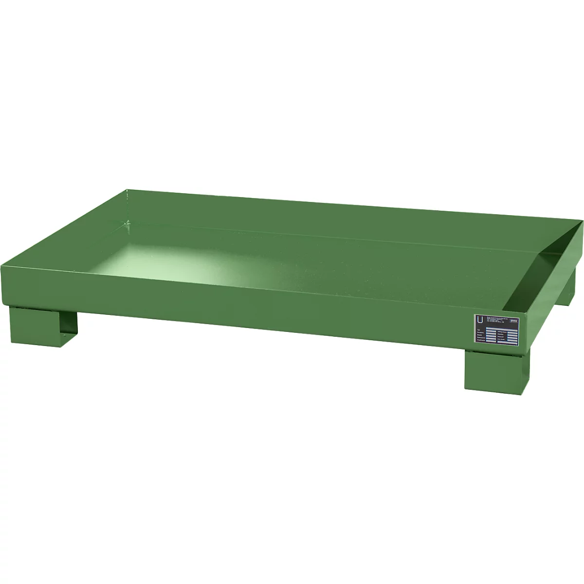 Green, rectangular spill containment tray with legs. Label with technical data. For industrial use.