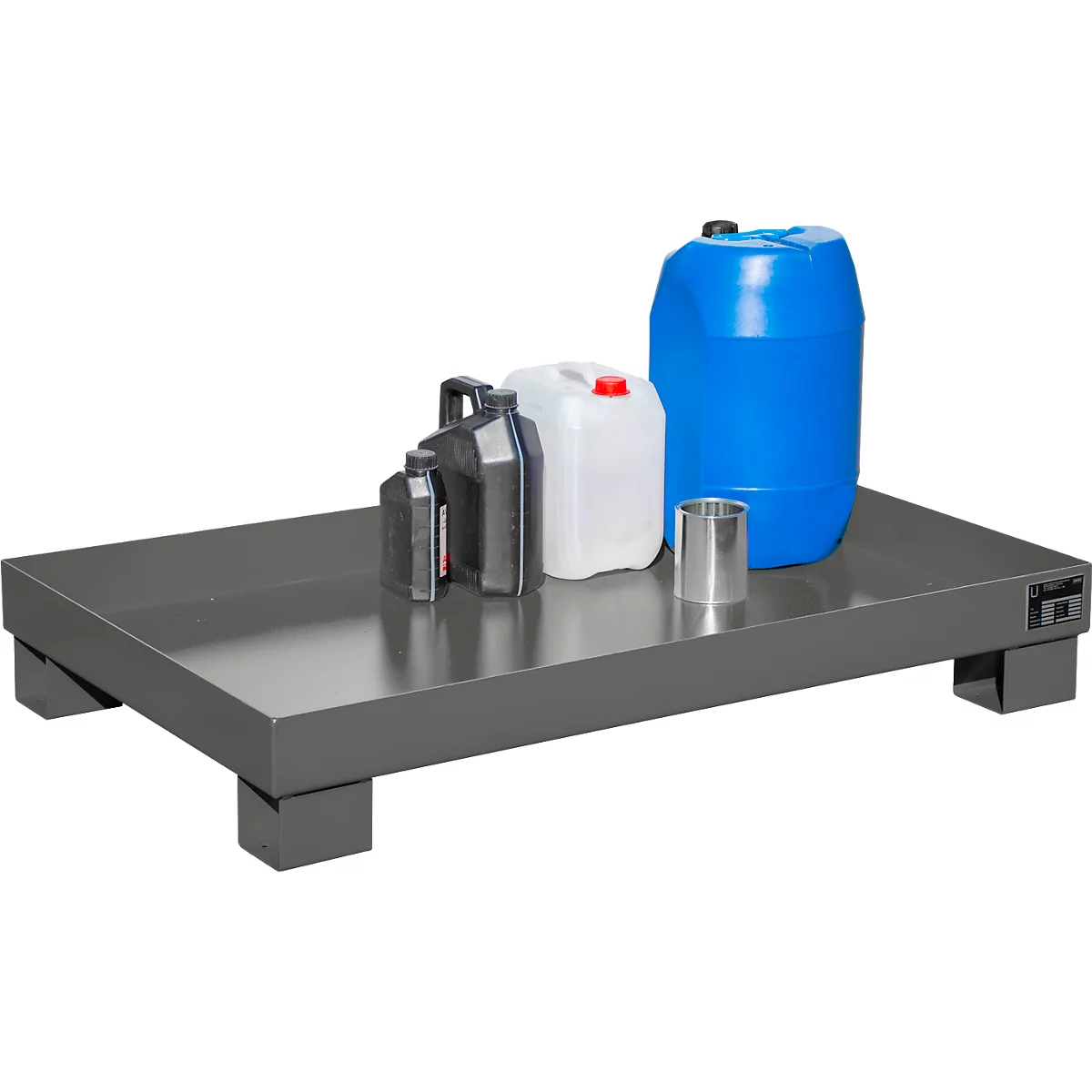 Gray spill containment tray with canisters and a barrel, various sizes and shapes.