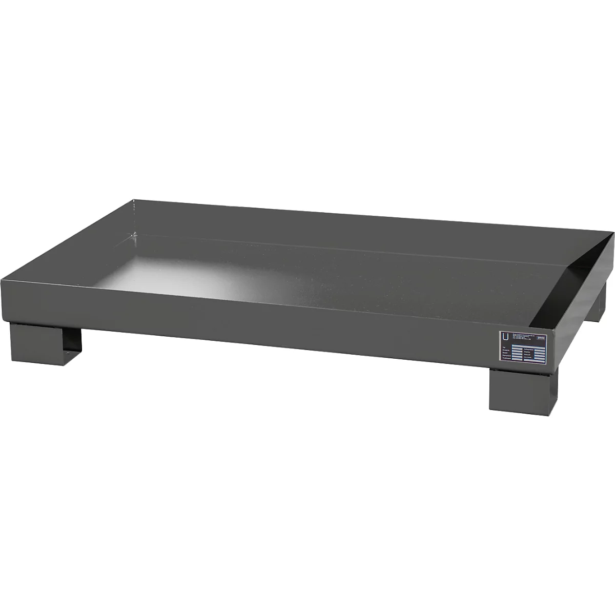 Gray rectangular metal drip tray with four feet.