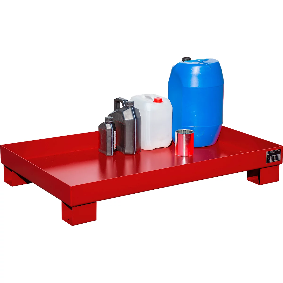 Red spill containment tray with canisters and a barrel.