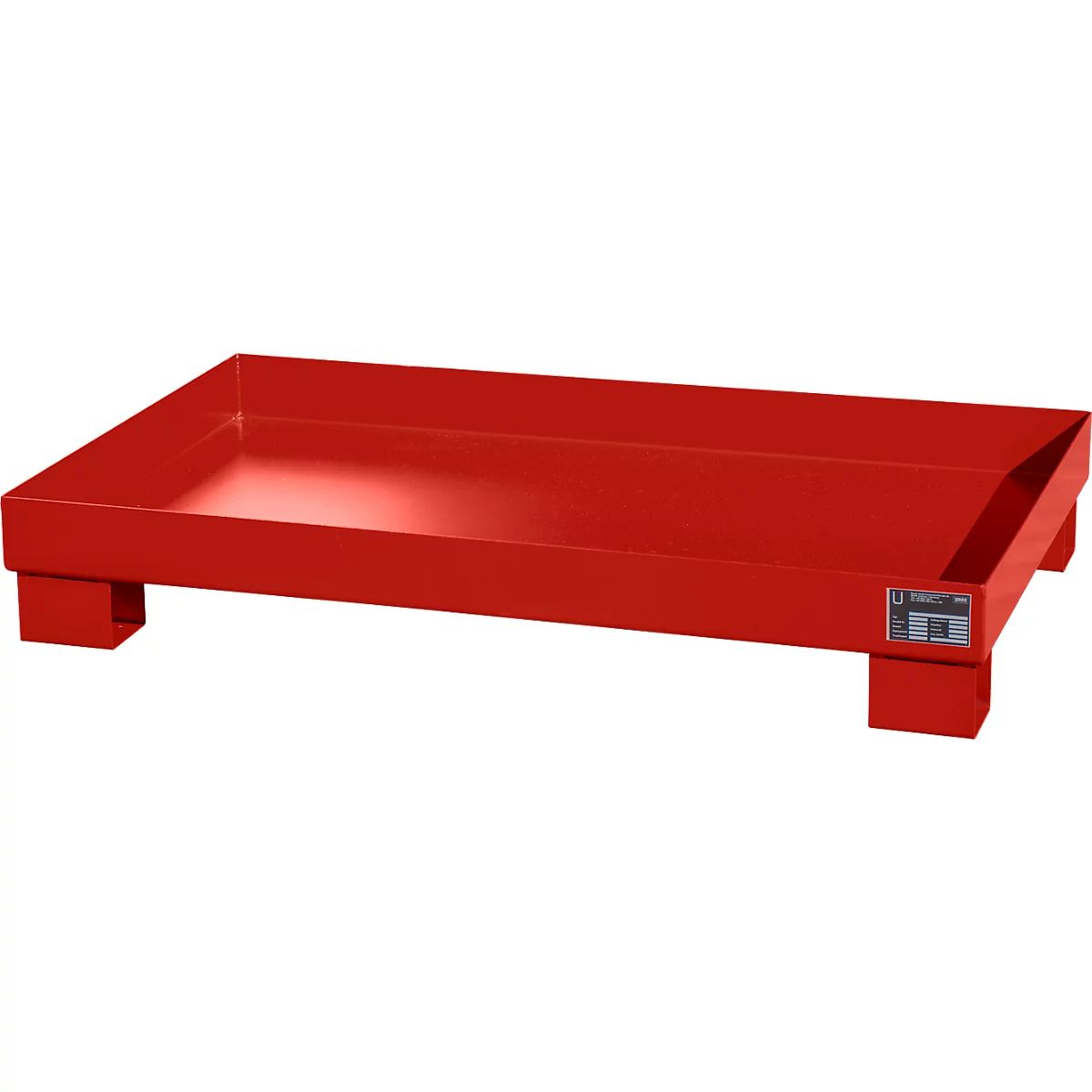 Red steel tub on legs, viewed from above. There is a small label on the edge.