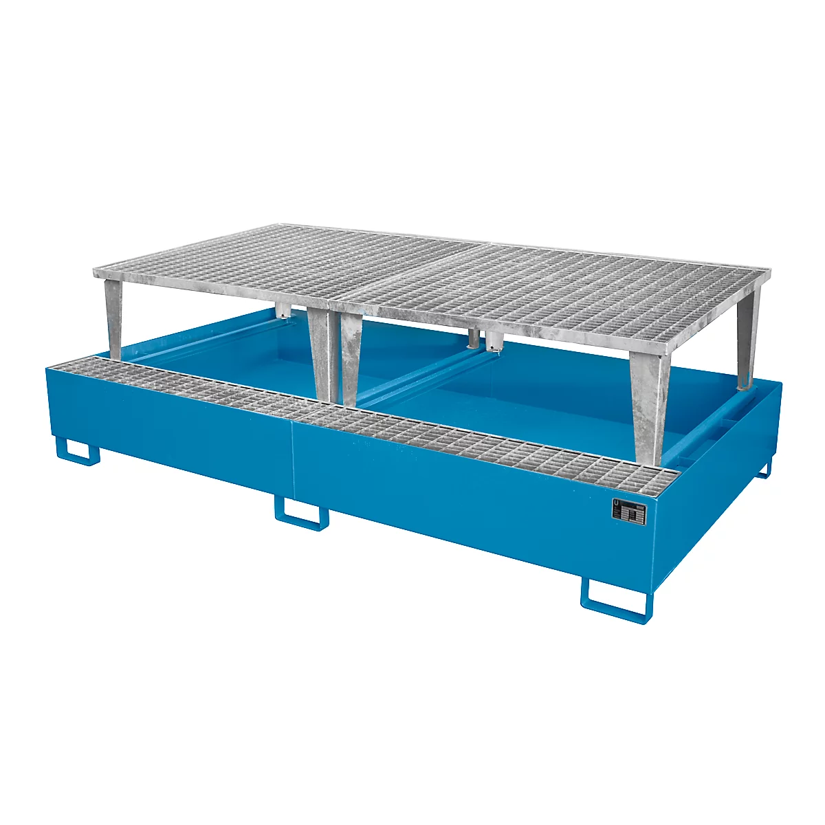 Blue spill containment tray with grating and feet.