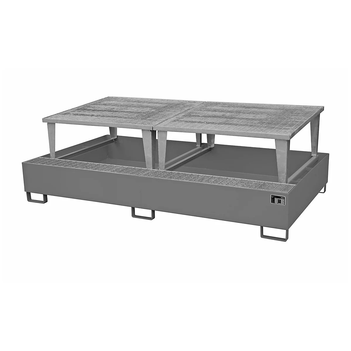 Grey spill containment tray with two areas separated by a grate, with another grate level on top.
