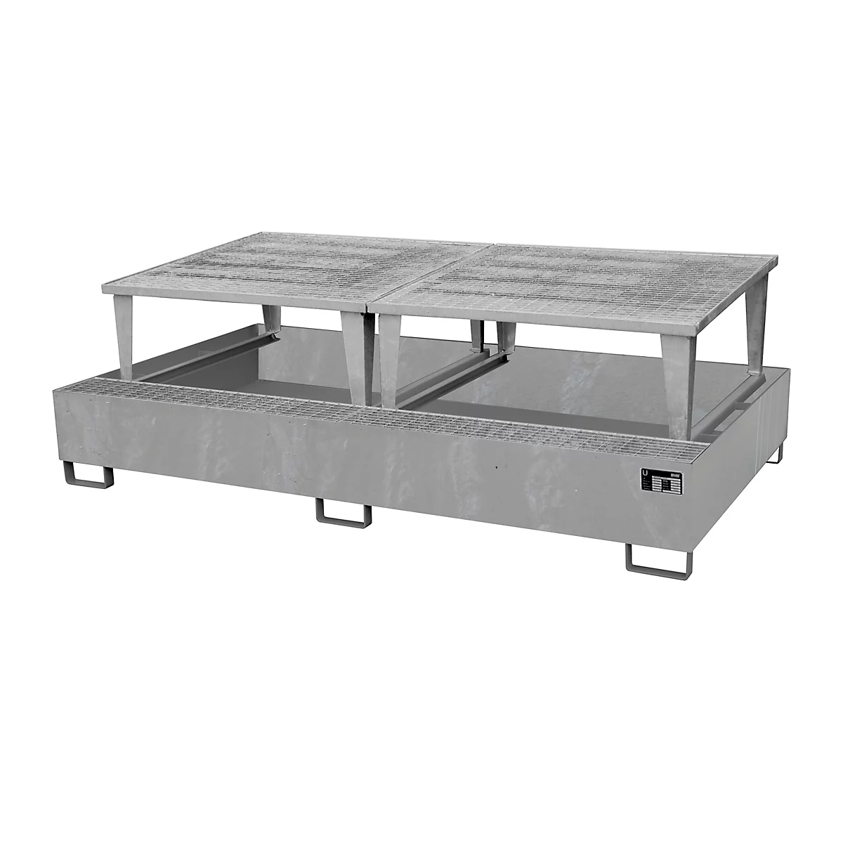 Grey drip pan with two shelves. Rectangular shape, metal look. On feet and with handles.
