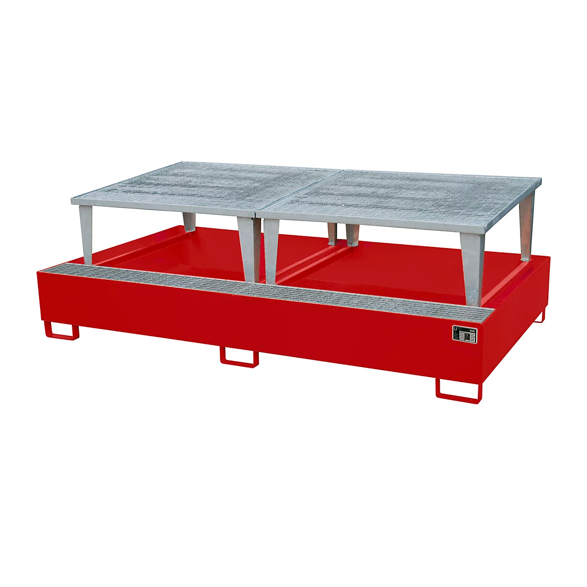 Red spill containment tray with silver grates and feet.