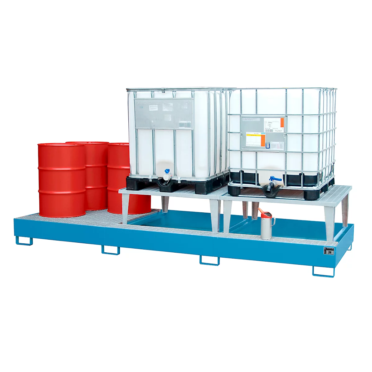 Steel tray with red barrels, two IBC containers, white container and outlet tap.