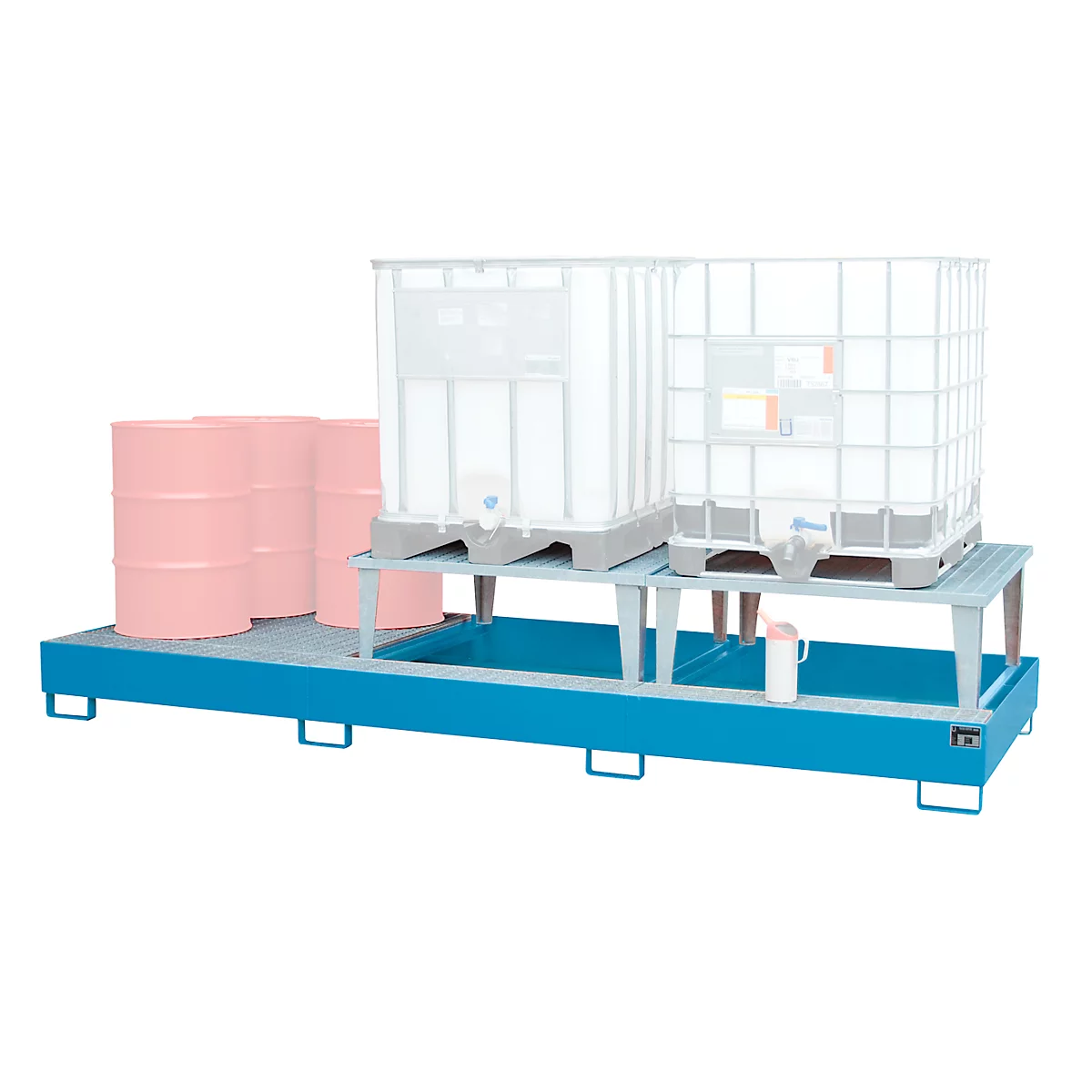 Blue spill containment frame with pink barrels, white IBC containers, and a mug.