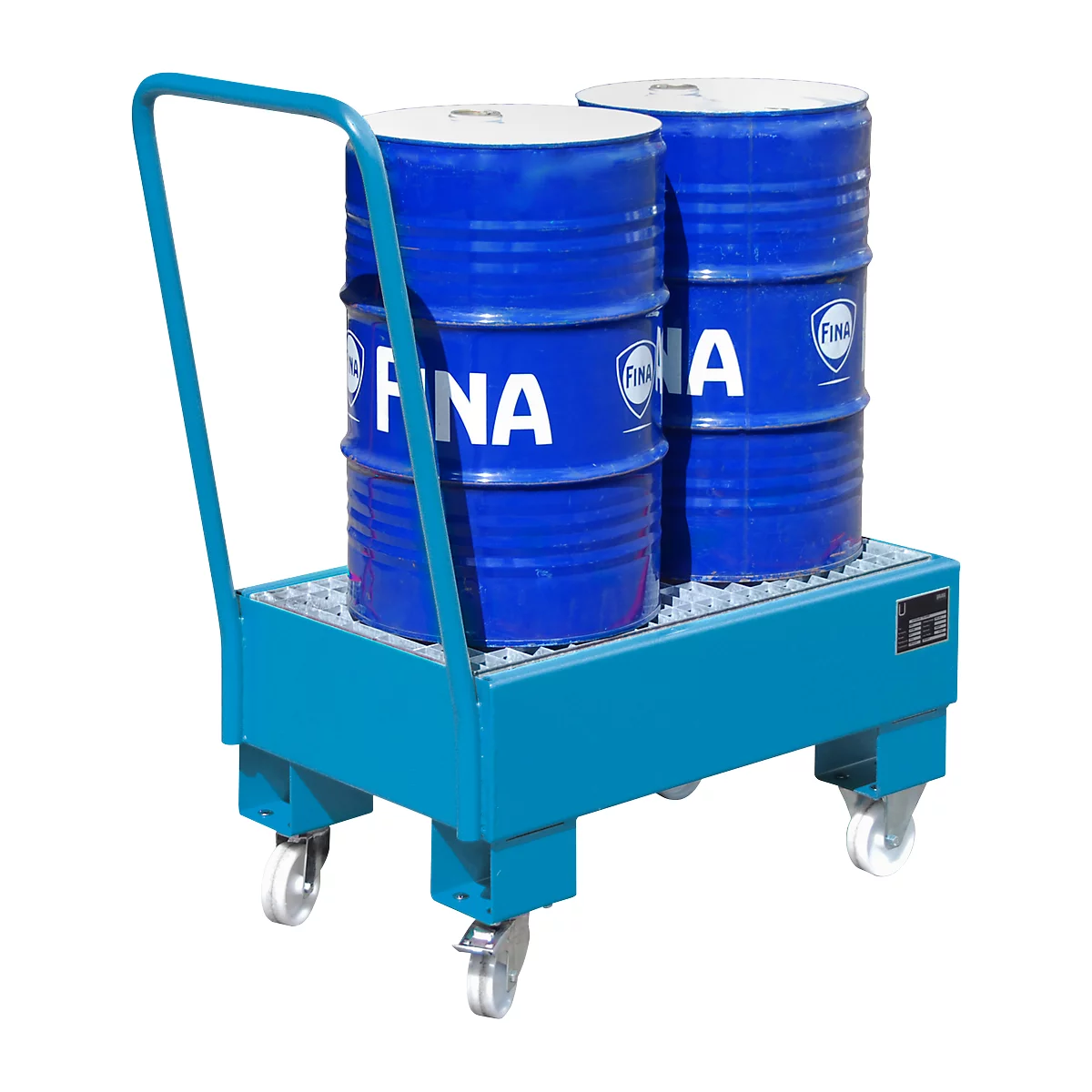 Blue transport cart with two blue barrels. The barrels say FINA.