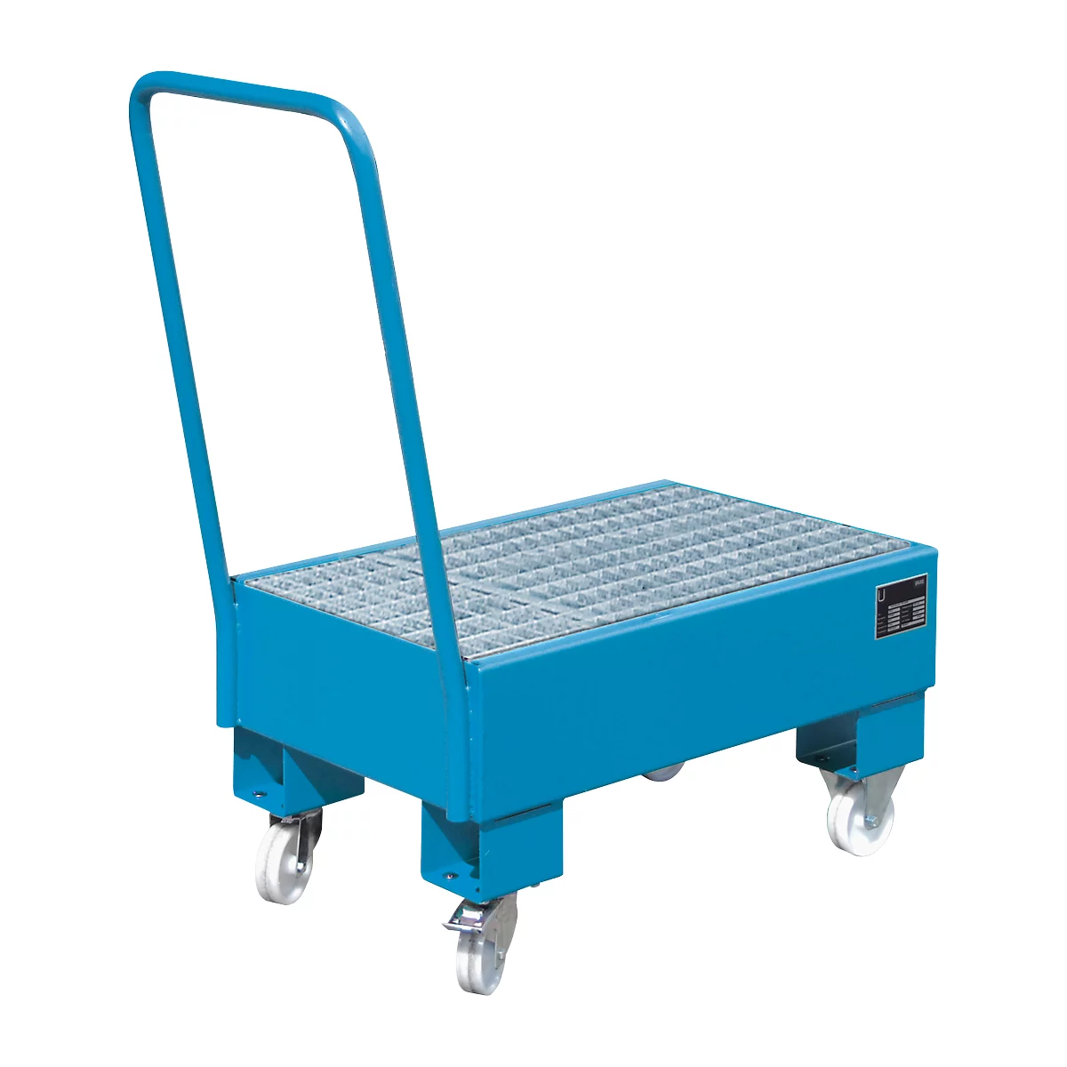 Blue transport cart with grid floor and handle. Four wheels for mobility.