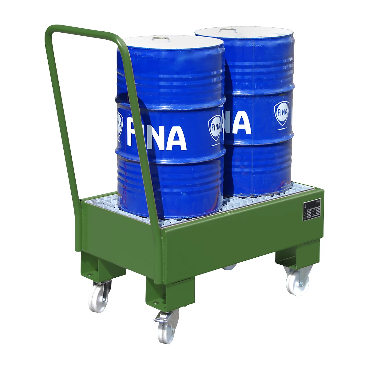 Green trolley with two blue barrels, loaded with "FINA" print. Black wheels.