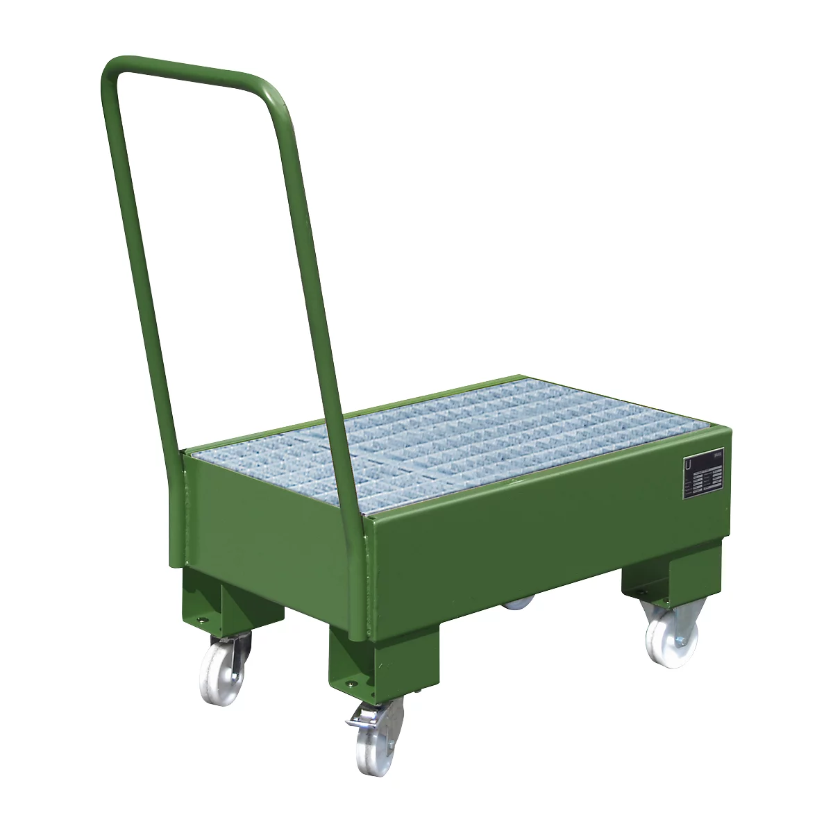 Green transport trolley with grid surface, handle and wheels. For heavy loads.