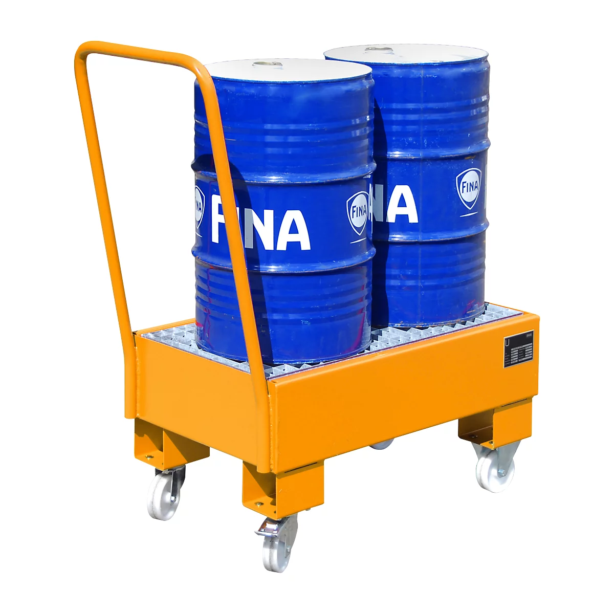 Orange transport cart with two blue barrels. The barrels bear the imprint 'FINA'.