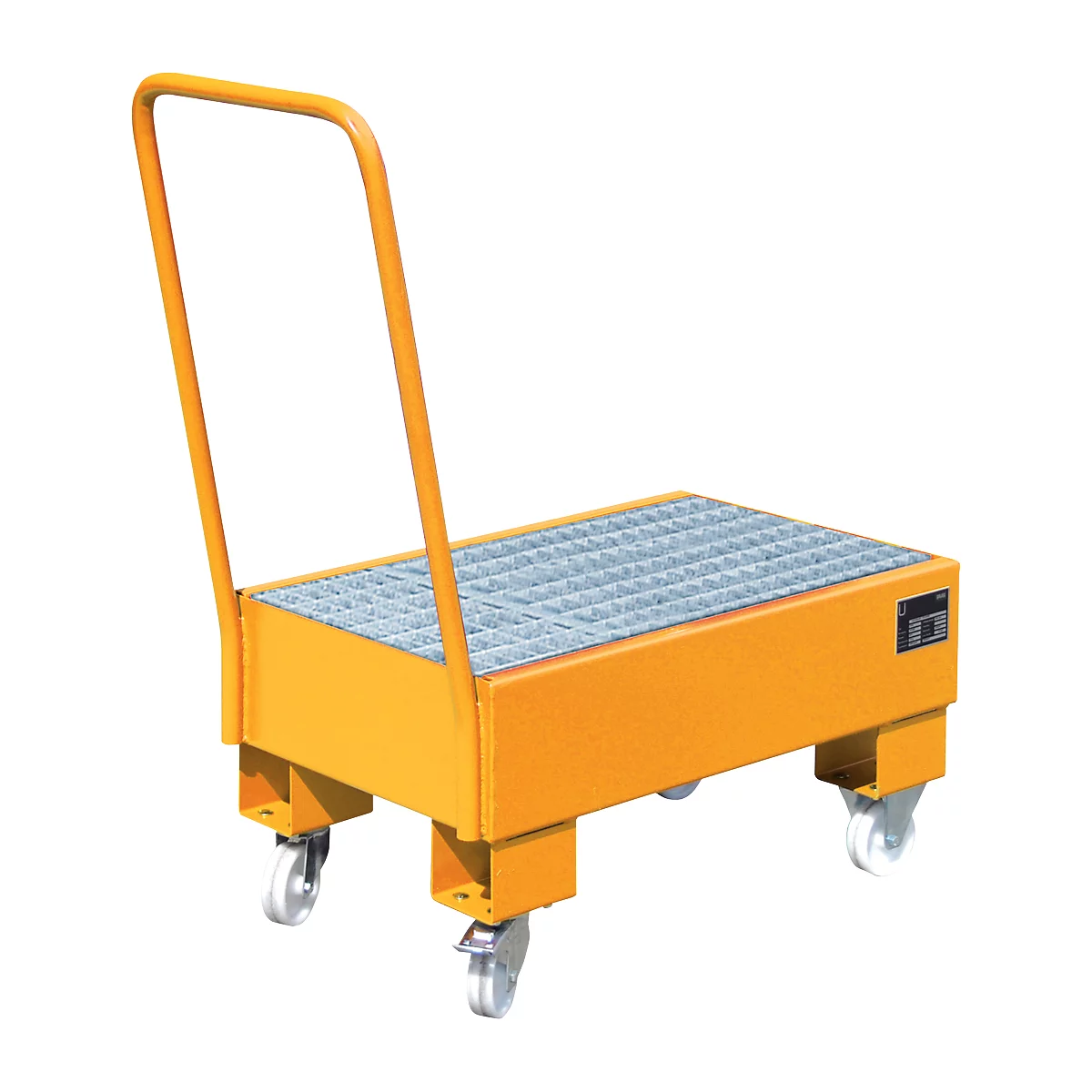 Yellow transport trolley with grid surface, handle and castors.