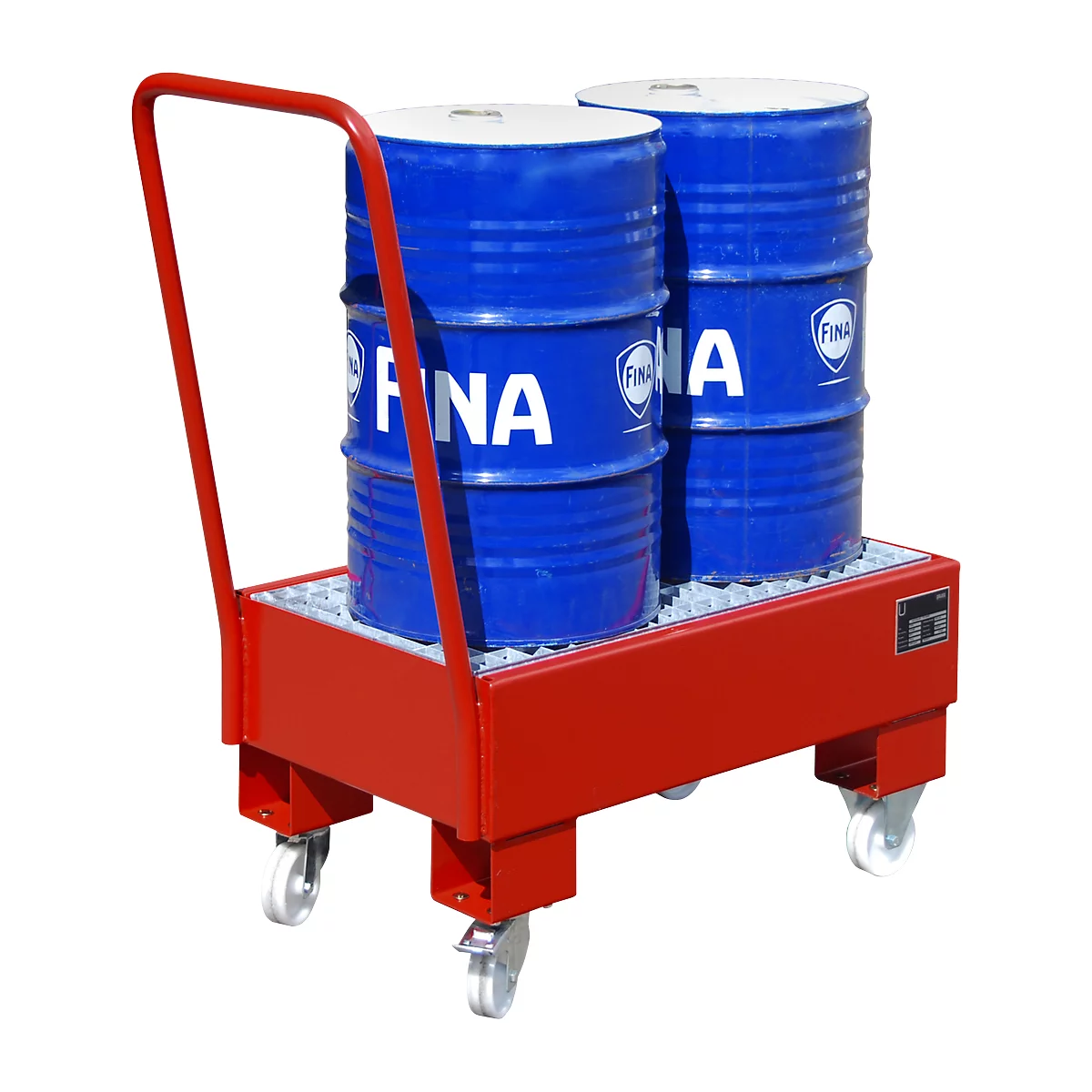 Two blue barrels with white text on a red transport cart with handle. Inscription FINA.