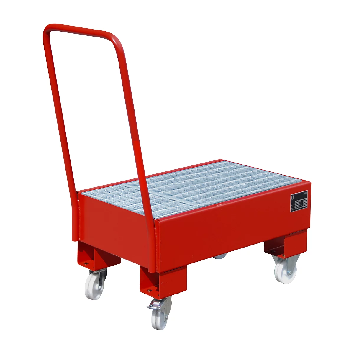 Red rolling cart with grid platform and handle. It has four wheels and a rectangular loading area.