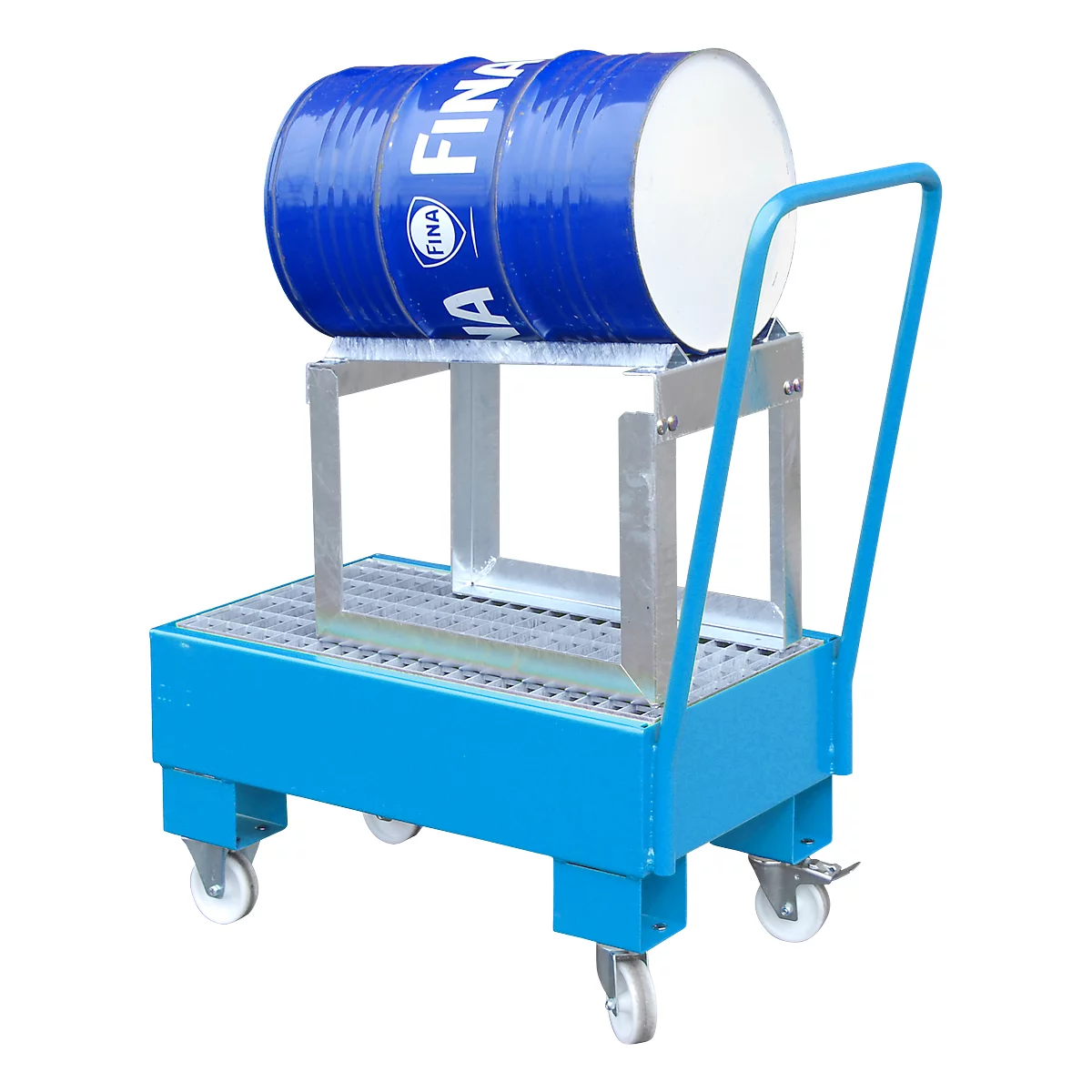 Blue drum truck with a blue barrel with a white lid, the lettering FINA.