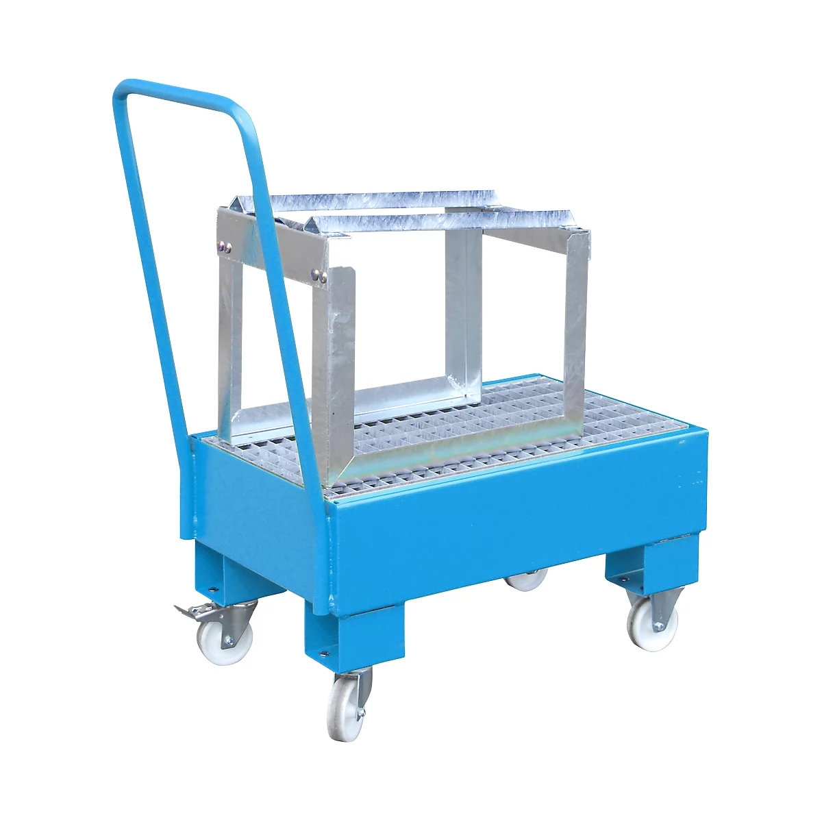 Blue transport cart with rollers and holder for objects.