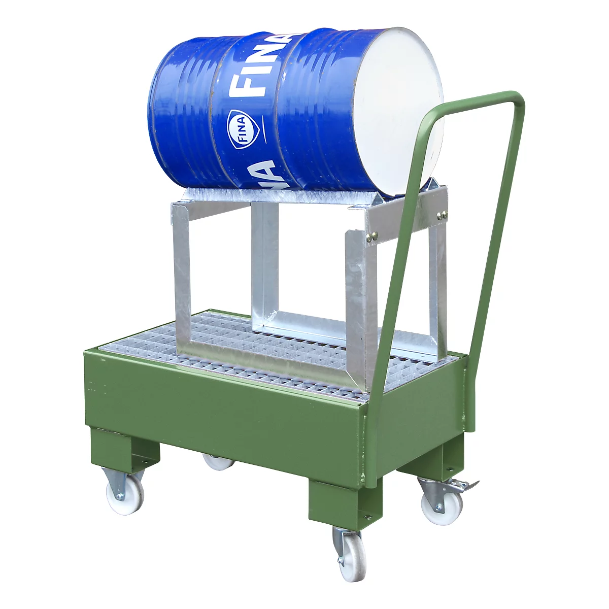 A green barrel cart with a blue barrel. The barrel has the text FINA.