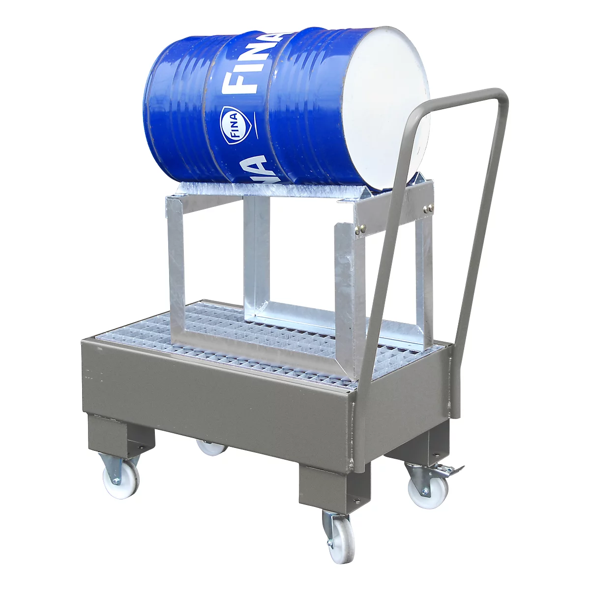 A grey drum cart with a blue drum that says "FINA".
