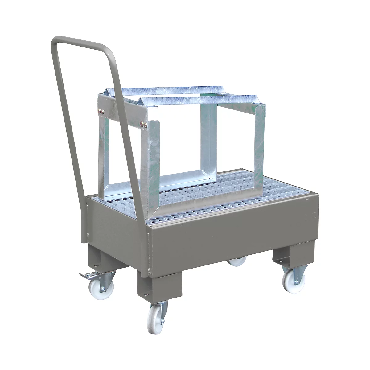 Gray transport platform with handle and wheels, on which a metal structure is placed.