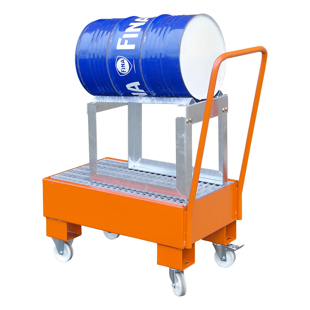 An orange drum cart with a blue drum labeled FINA, and silver shelf.