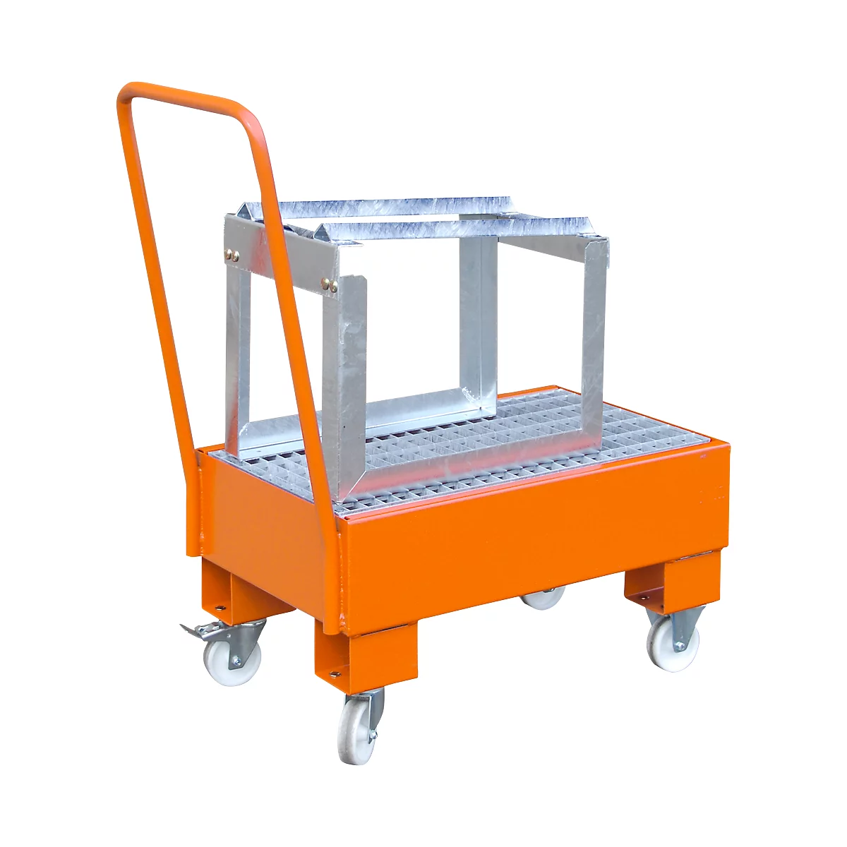 Orange trolley with metal platform, handle and wheels, for transporting objects.