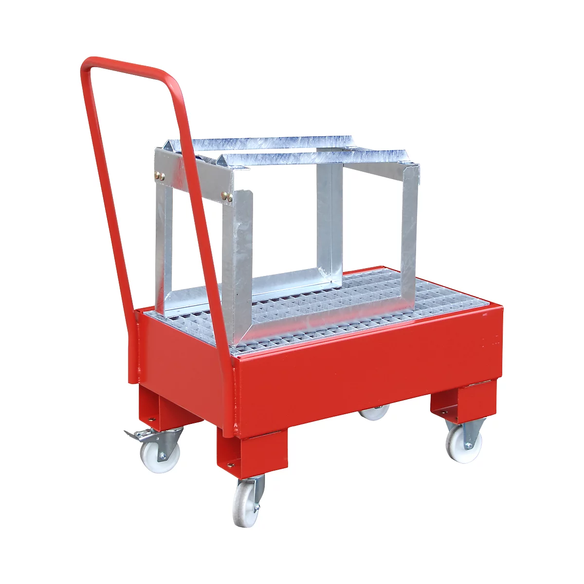 Red trolley with a metal shelf, a handle and four wheels.