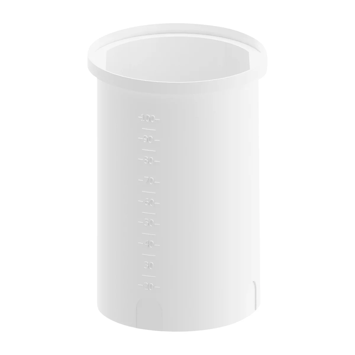 White measuring cup with scale and handle. The top edge is rounded, the scale is given in steps of 5.