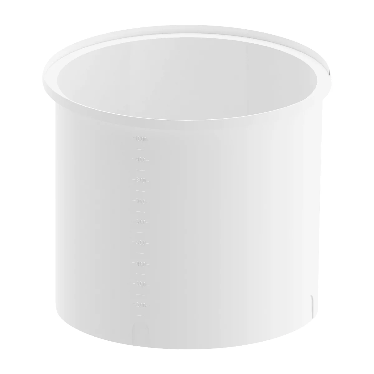 White, cylindrical container with a wide rim and measurement scale. Close-up.