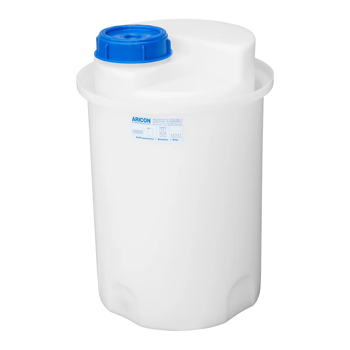 White cylindrical tank with blue lid. The tank has a blue label that says "ARICON".