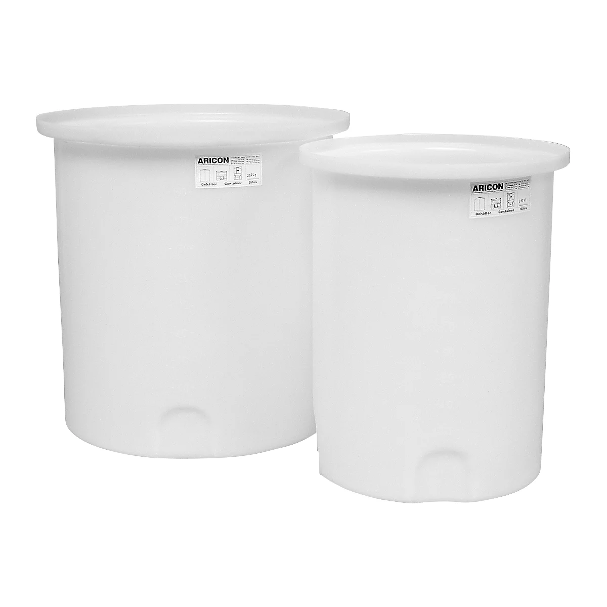 Two white, cylindrical plastic containers with lids. Each container has a sticker that says "ARICON".