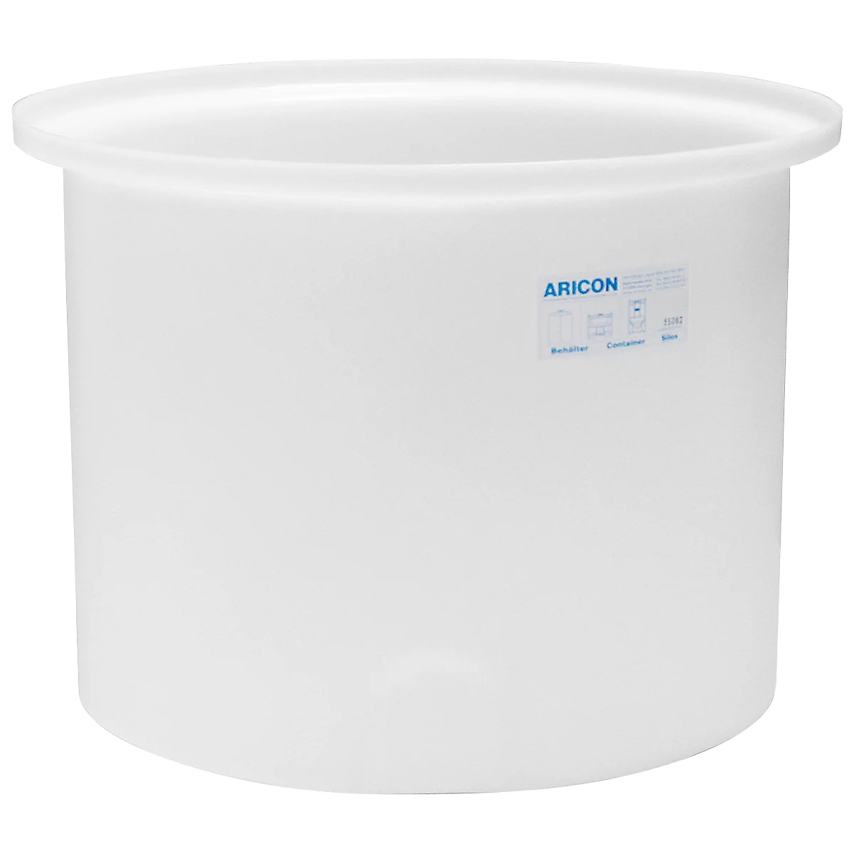 White, cylindrical plastic container with a wide rim. Sticker with 'ARICON' lettering.